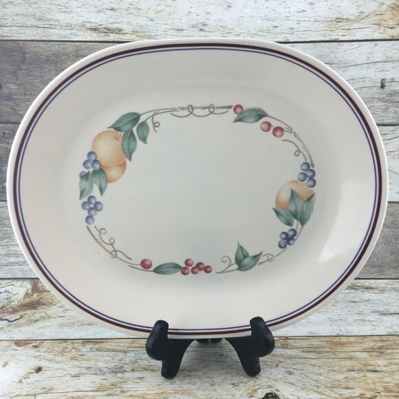Corelle Corning ABUNDANCE Fruit Maroon Band Sandstone 12" Oval Serving Platter - Picture 1 of 8
